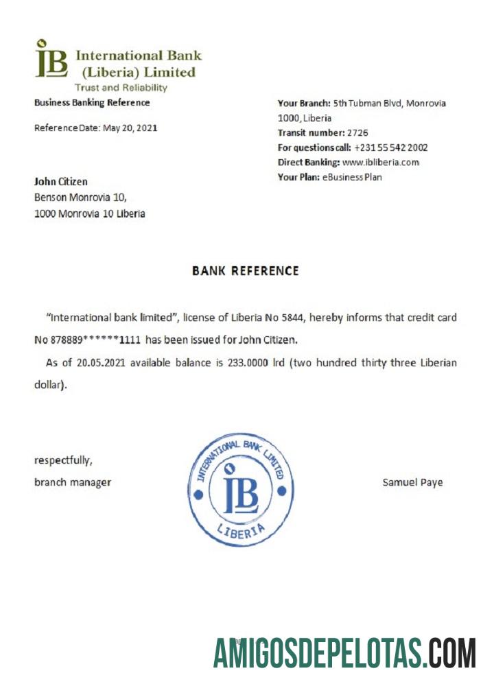 Referência do Banco Internacional Libéria IB exemplo